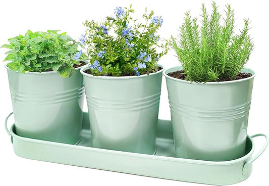 Metal Herb Garden Planter Set with Tray, 3-Pack Green Zinc-Coated Windowsill Plant Pots with Drainage Holes & Handles for Indoor Outdoor Kitchen Garden