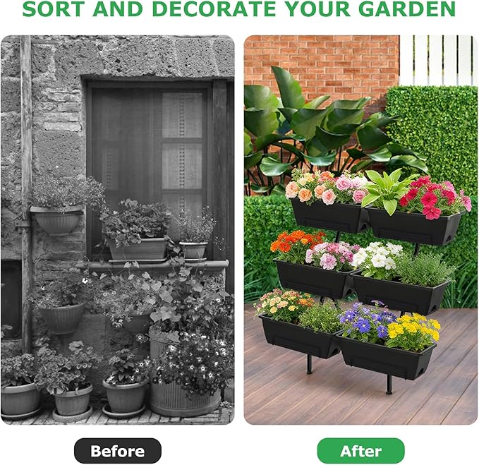 ETELI Vertical Garden Planter 3 Tier Vertical Raised Garden Bed with 6 Garden Planter Boxes Elevated Raised Bed with Drainage Holes Outdoor Standing Garden Planter for Herbs Flowers Vegetables, Black