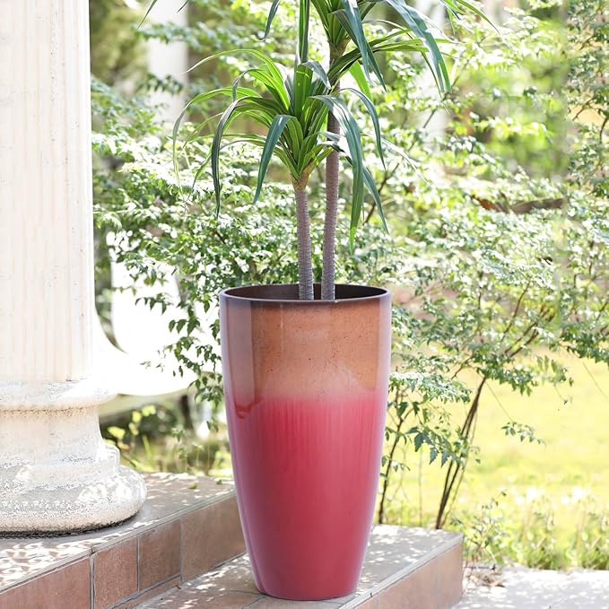 Outdoor Planter 21" Tall Planters Gardening Pots with Insert Shelf Accessories Weather-Resistant Plastic Flower Pot Front Porch Decor, Tan to Burgundy Gradient