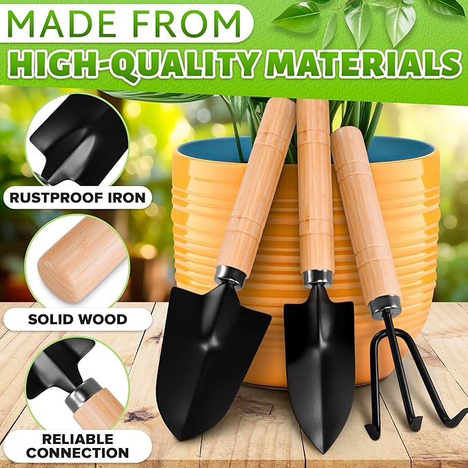 3 Pcs Small Garden Tools for Gardening – Planting Tools Set with Mini Shovel, Ergonomic Hand Rake, Rustproof Metal Build & Solid Wood Handle – Shovels for Digging, Balcony Pots & Indoor Plant Care