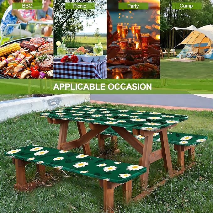Fresh Floral Picnic Table Cover with Bench Covers Set of 3 - Green Background with White Ditsy Flowers, Elastic Fitted Tablecloth for 6 Ft Tables, Washable Polyester Cover for Garden, Indoor & Outdoor