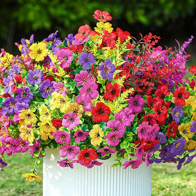 SHareconn 48 Bundles Artificial Flowers for Outdoors Decoration, Faux Plants Fake Silk Colorful Daisy Eucalyptus Lavender, UV Resistant for Outside Home Porch Patio Spring Decor, RedRosyPurpleYellow