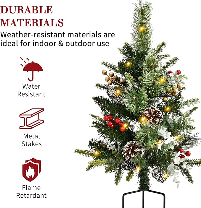 Pre-Lit Pathway Christmas Tree(2 Pack), Artificial Christmas Urn Filler with LED Lights, Golden & Red Berries, Pine Cones, Outdoor Light Up Planter Filler Holiday Home Decor