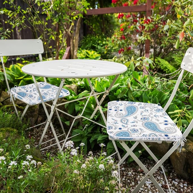 GUEGLSA Outdoor Indoor Waterproof Seat Cushions,16x16 Inches Patio Chair Cushion with Ties,Machine Washable Seat Pad for Home Garden Kitchen Dining Office Chair,Set of 2, Blue Paisley