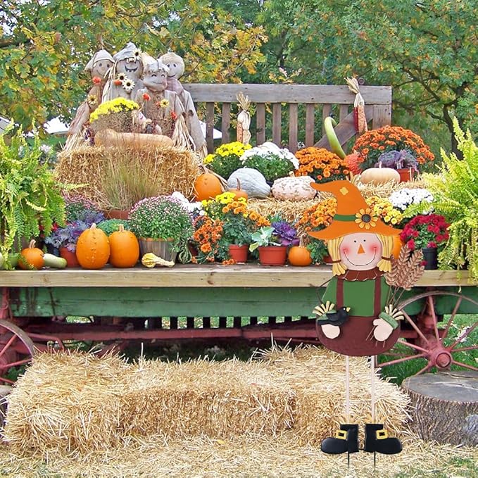 hogardeck Fall Decorations for Home Outdoor, 36" Metal Scarecrow Decorative Garden Stakes with Wheat Sunflower Crow for Fall Decor, Yard Signs for Garden Lawn Patio Porch Thanksgiving Decorations