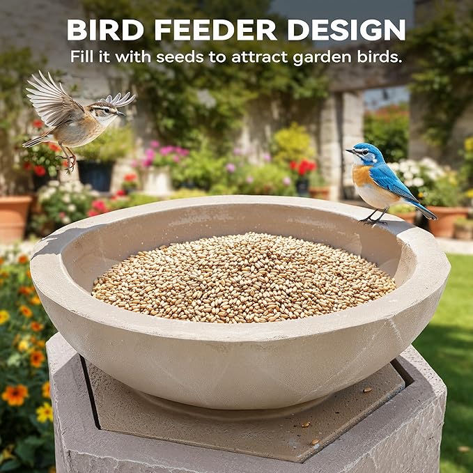 32" Outdoor Fountain, Modern Geometric Two Bowls Water Feature with LED Lights, Resin Soothing Cascading Waterfall for Patio, Backyard, Garden or Porch