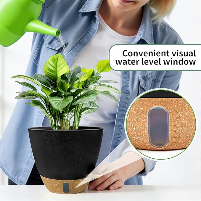 MNKXL 12"/10"/9"/8" Self Watering Pots with Visual Water Window,Extra Large Self Watering Plant Pots with Drainage Holes & Saucers,Black Planters for Indoor Plants,4-Pack