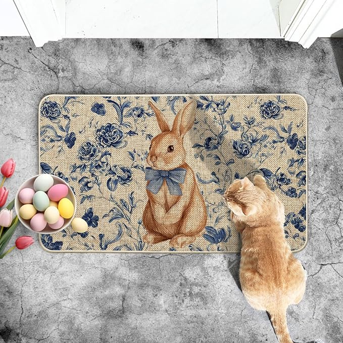 Artoid Mode Rabbit Bunny Blue Porcelain Flowers Bow Easter Doormat, Home Decor Low-Profile Switch Rug Door Mat Floor Mat for Indoor Outdoor 17x29 Inch