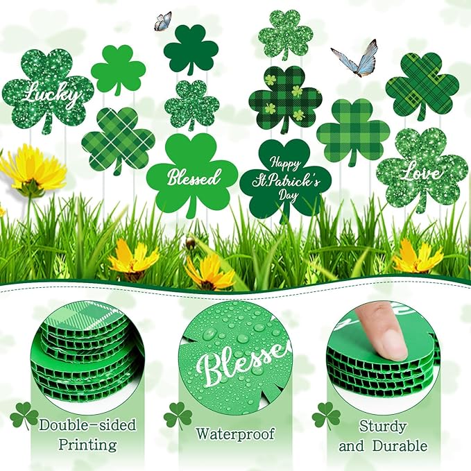 12 Pcs St. Patrick's Day Planter Stakes Shamrock Shaped Garden Signs Outdoor Decorations Decorative Green Plaid Lucky Clover Yard Stakes for St. Patrick's Day Irish Home Lawn Patio Porch