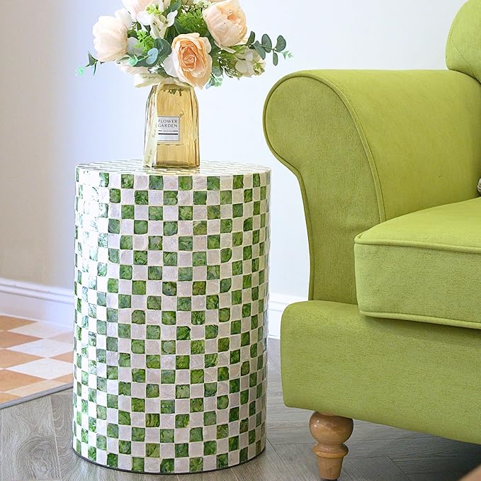 19.7” Checkered Capiz Shells Drum End Table, Decorative Cylinder Side Table & Garden Stool, Round Pedestal Accent Table for Living Room, Bedroom, Indoor & Outdoor (Pistachio Green)