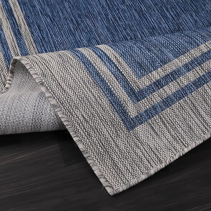 Bordered Outdoor Rug 8x10 Washable Outside Carpet for Indoor Patio Porch Waterproof Easy Cleaning Non Shedding Area Rugs Navy 8 x 10