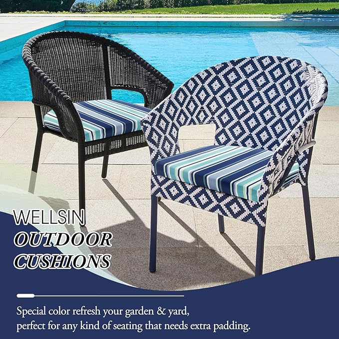 Wellsin Outdoor Chair Cushions for Patio Furniture - Patio Chair Cushions Set of 4 - Water Resistant Round Corner Outdoor Seat Cushions 17"X16"X2", Stripe 02