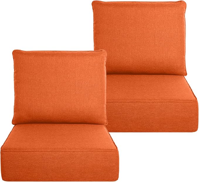Belord Luxury 6" Thick Outdoor Cushion 2 Set - 24 x24 Inch 28D Sponge Filling Fade-Resistant Chair Cushion, Spill Proof Removable Patio Furniture Replacement Cushion for Sofa Bench Swing - Orange