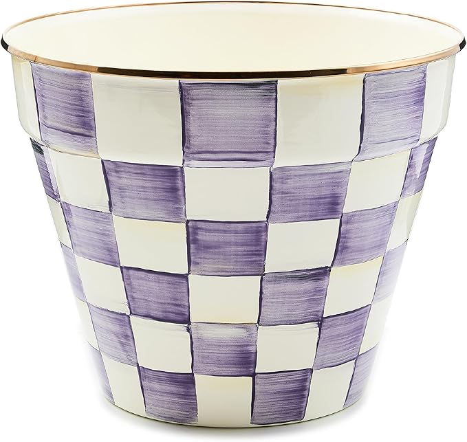 MACKENZIE-CHILDS Enamel Garden Pot, Decorative Pot for Plants, Outdoor Flowerpot Decor, Extra Large, Purple-and-White Violet Check