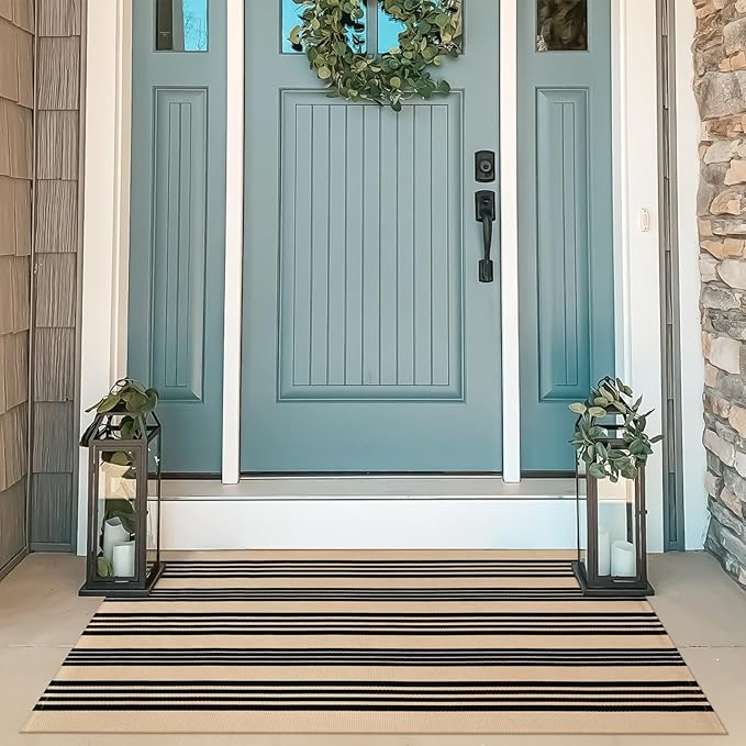 OJIA Outdoor Rug 3'x5', Black and Tan Area Rug Machine Washable Rugs Cotton Hand Woven Entry Rug Indoor Outdoor Striped Carpet for Front Porch/Deck/Backyard/Camping/Outdoor Decor