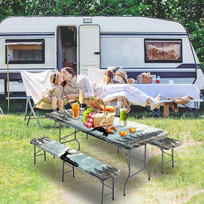Picnic Table Cover with Bench Covers 72IN 6FT, Camping Essentials Tablecloth Waterproof Oilproof with elastic Edge for Indoor Outdoor Patio (Forest Deer)