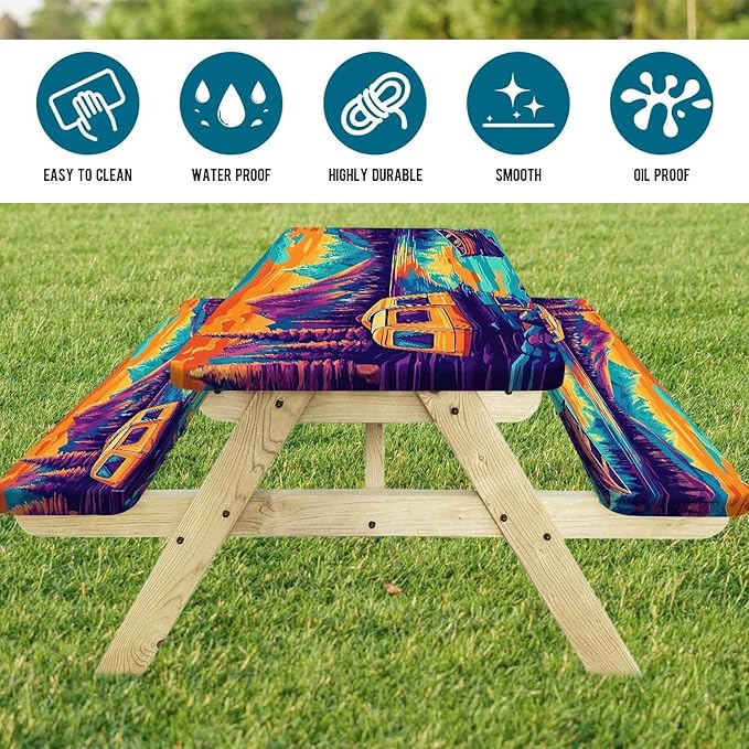 3PCS Picnic Table Cover with Bench Cover Forest Landscape Tent Boat Pattern Camping Tablecloth Fitted Picnic Table Cover with Elastic Windproof Waterproof, Outdoor & Garden Camping Accessories 60IN