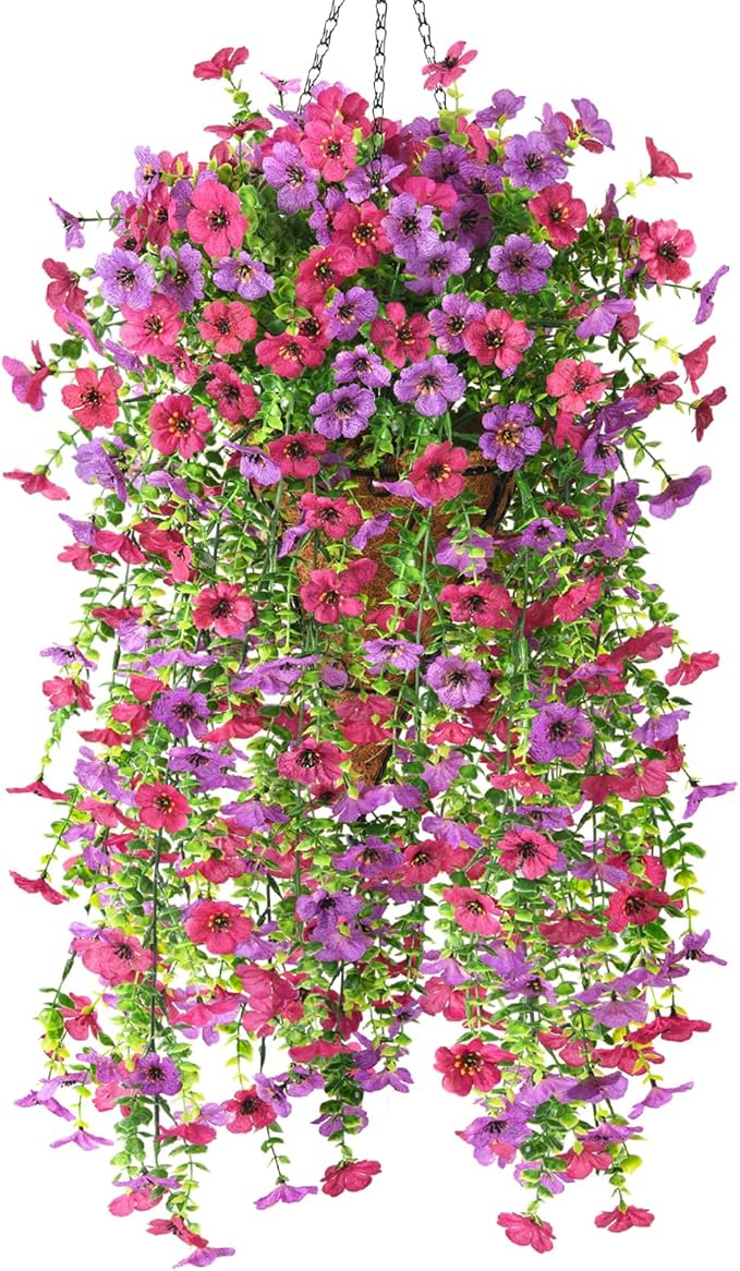 Homsunny Artificial Flowers Hanging Basket for Outdoor Spring Decor, Fake Hanging Plants Faux Mums UV Resistant Silk Daisy for Outside Front Porch Patio Balcony Garden Backyard