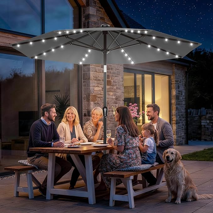 AreShark 9FT Patio Umbrella with Solar Lights, 32 LED Lighted Pool Umbrella w/Tilt and Crank, Outdoor Market Solar Umbrellas for Garden, Deck, Backyard, Pool and Beach, Gray