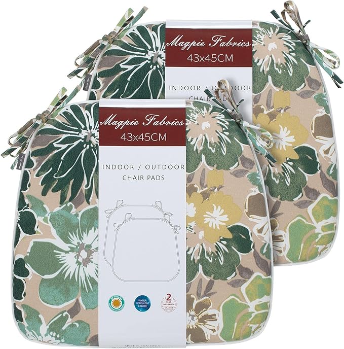 Magpie Fabrics 17"x16"x2" U-Shape Chair Cushions with Ties 2 Count, Outdoor Indoor Waterproof All Weather Seat Pads Decoration for Patio Garden Dining Office - Green Floral