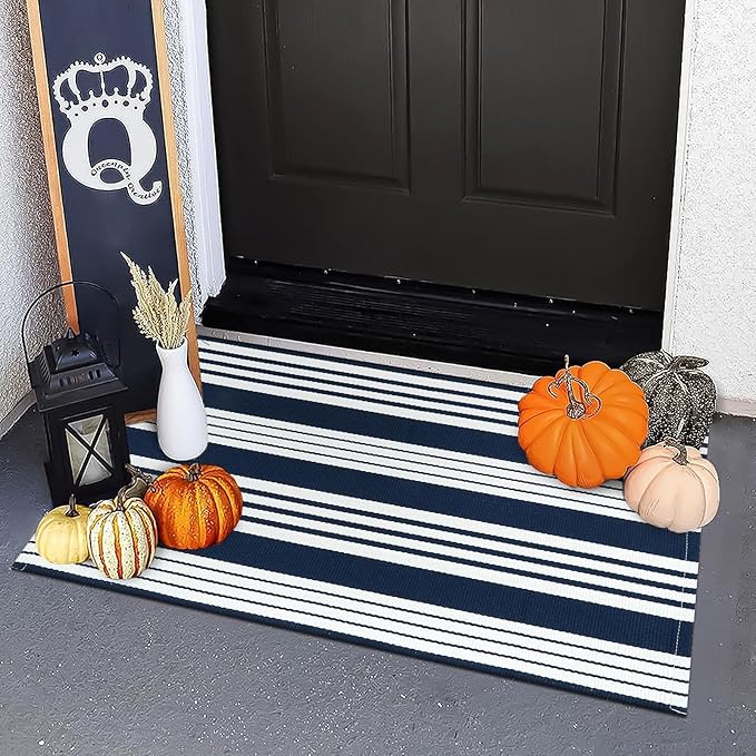 OJIA Front Door Mats Outdoor 2'x3' Striped Front Door Rug Washable Door Mats Cotton Woven Indoor Outdoor Rugs Farmhouse Small Area Rug Layered Doormat for Porch/Entryway/Kitchen/Home Entrance Decor