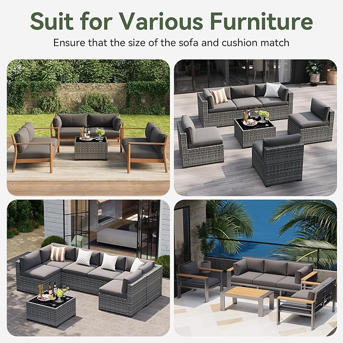 Aoxun Replacement Cushions for Outdoor Furniture, 14-Piece Outdoor Cushions for Patio Furniture, Deep Seat, Splash-Proof & Fade Resistant Couch Cushion for 6-Seat Patio Conversation Sets, Grey