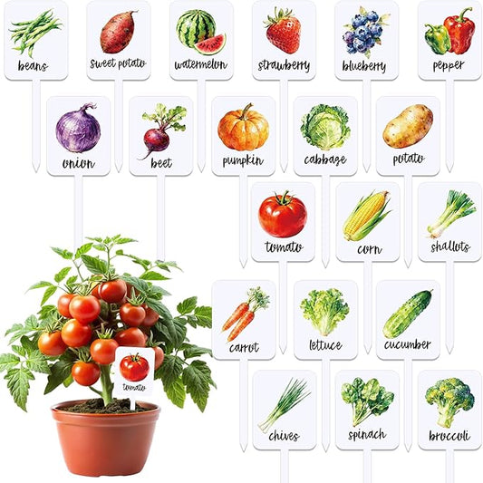 Whaline 20Pcs Acrylic Vegetable Plant Label Signs Garden Markers 20 Styles Watercolor Vegetable Fruit Waterproof Potted Plant Stake Tags with Names for Nursery Indoor Outdoor Garden Decor