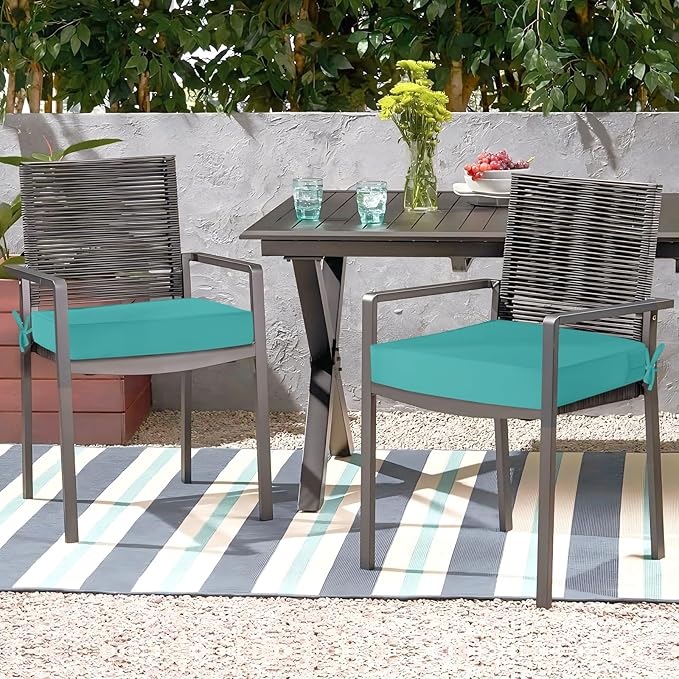 Waterproof Outdoor Chair Cushions Set of 2, Square Outdoor Seat Cushions with Ties and Removable Covers, 22 x 22 Outdoor Cushions for Patio Furniture with Portable Handle(Teal)