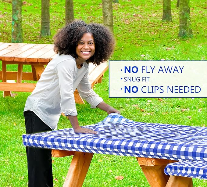 LINPRO 8ft Picnic Table Cover with Bench Covers Vinyl Fitted Picnic Table Covers with Elastic Camping Essentials and Picnic Tablecloth and RV Accessories