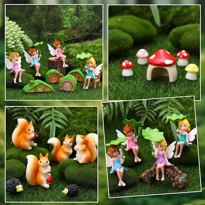 32 PCS Mini Fairy Garden Accessories Kit Miniature Garden Ornaments Included Resin House Statues Tiny Fairies Figurines Animal Plant Set for DIY Terrarium Potted Plants Dollhouse Desk Decor