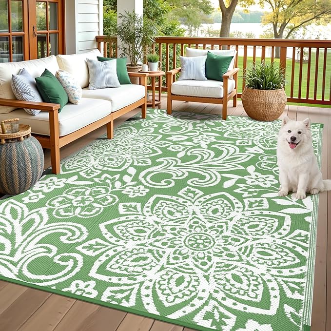 Findosom Waterproof Outdoor Rug 6' x 9' - Reversible Mandala Outdoor Plastic Straw Rug, Durable Foldable Patio Rug for RV, Deck, Balcony, Backyard, Picnic, Porch, Camping, Beach, Green