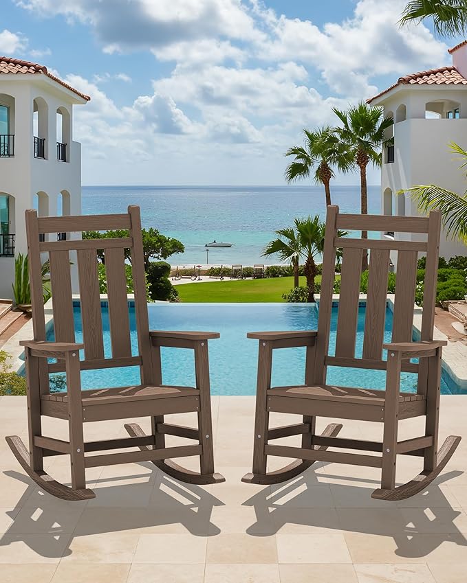 KINGYES Oversized Outdoor Rocking Chair, All-Weather Patio Rocking Chairs for Porch, HDPE Outdoor Patio Rockers with High Back & Wide Seat for Garden, Lawn, Brown