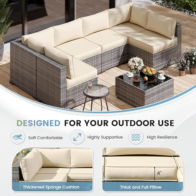 UDPATIO Outdoor Replacement Cushions for Patio Furniture, Water-Resistant Patio Cushion, 14-Piece Outdoor Couch Cushion for 6-Seat Sectional Conversation Sets (Cream)