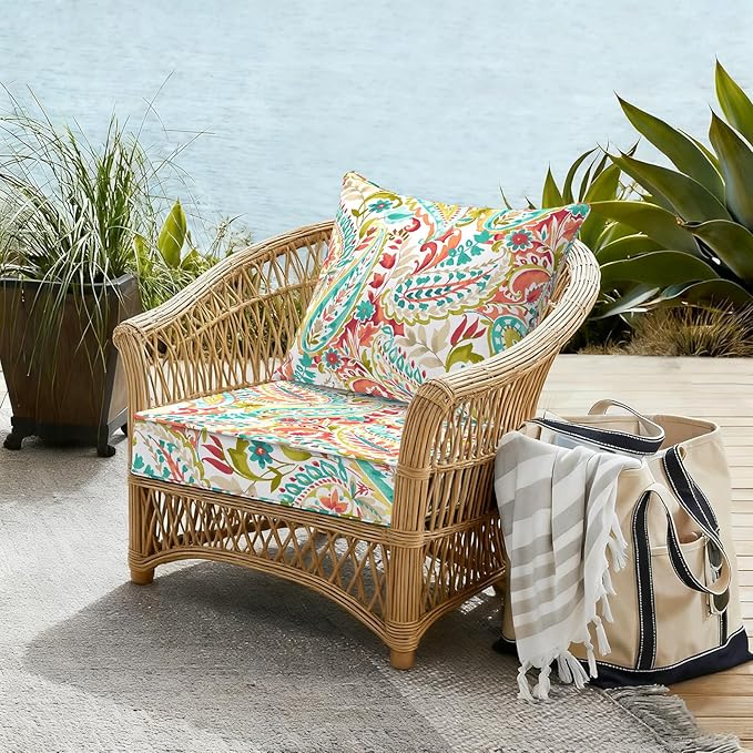 Outdoor Deep Seat Cushion Set, Water Repellent 22"x22" Patio Thick Cushions Replacement with Seat & Back Pillow for Patio Sofa, Wicker Chair, Couch - Pretty Paisley