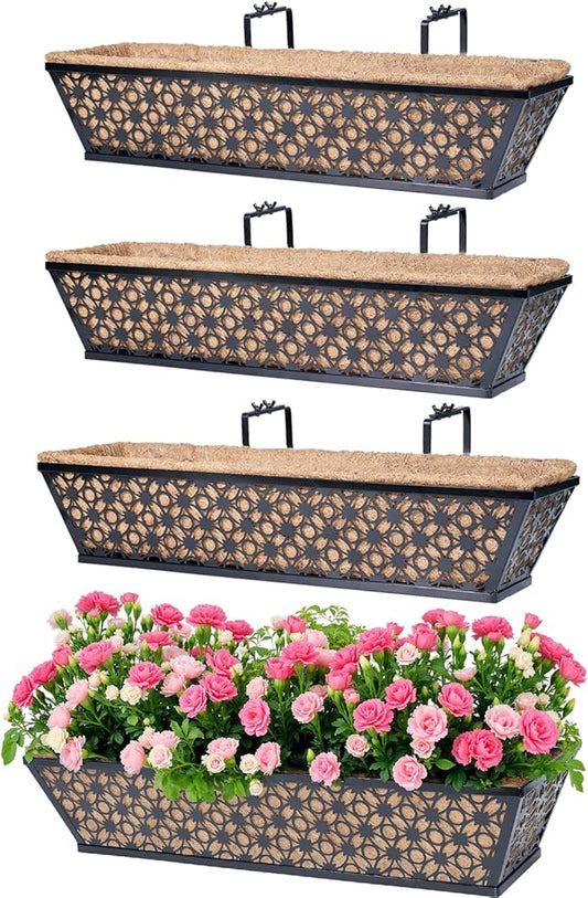 hehimhis Window Planter Box with Adjustable Bracket and Coco Liner for Porch, 24 Inch 4 Pack Balcony Planters Railing Hanging,Fence, Patio Hanging Planters for Garden Outdoor