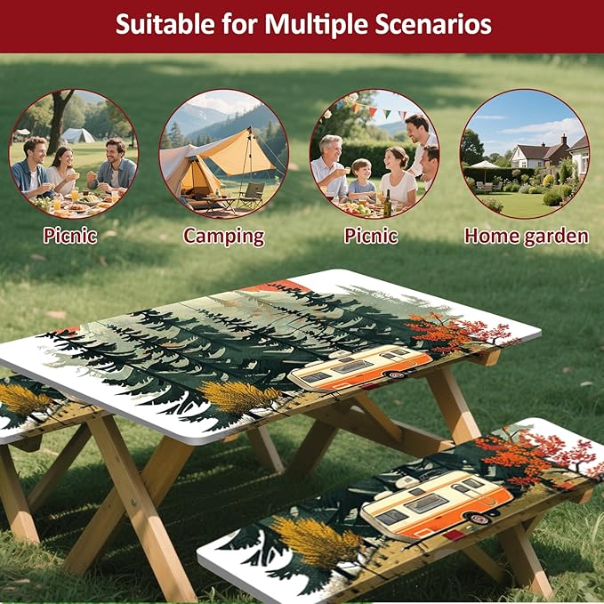 KENOBEE Picnic Table Cover with Bench Covers 6FT 3PCS, Camping Essentials Waterproof Windproof Tablecloth with Drawstring Bag, Fitted Rectangle Tables and Seats, 72", RV Serenity