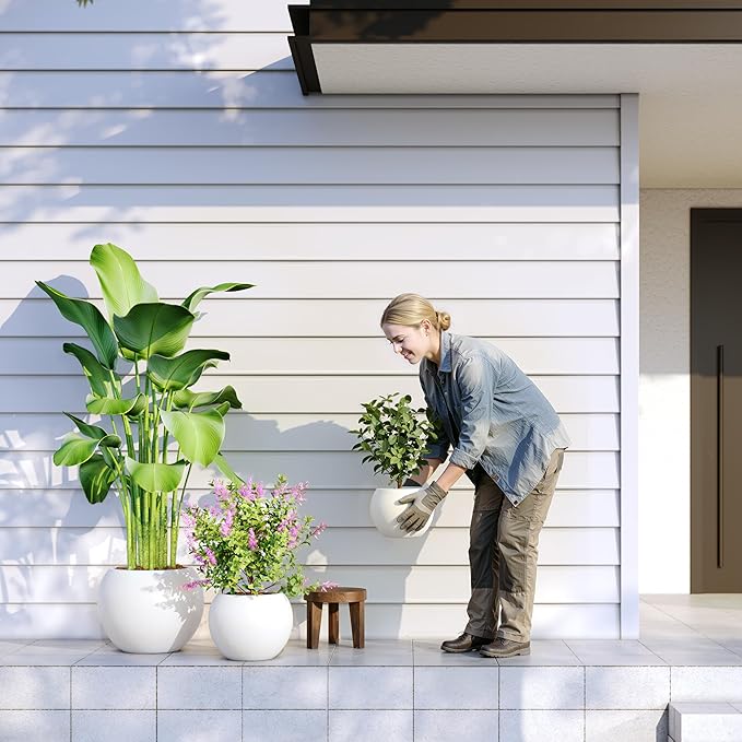 DTY Mount Sherman 12.6" D x 10'' H (Pot Opening 8.5") Fiberstone Round Planter with Drainage Hole, Smooth Finishes, Weather Resistant for Indoor and Outdoor, 2 Extra Coco Mats - White, Small