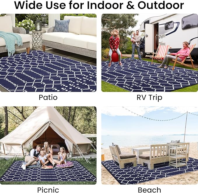Smiry Outdoor Rug 9x12 ft, Waterproof Reversible Plastic Straw Rugs, Boho Outdoor Area Rug, Outside Floor Mat for Patio, Backyard, Deck, Picnic, Beach, Camping, Navy
