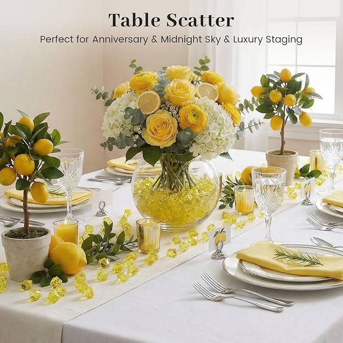 DomeStar Yellow Fake Ice Rocks, 150PCS Acrylic Gems Crystals Plastic Diamonds Fake Ice Cubes for Vase Fillers DIY Craft Wedding Photography Prop Display Table Scatter Home Amalfi Coast Decorations