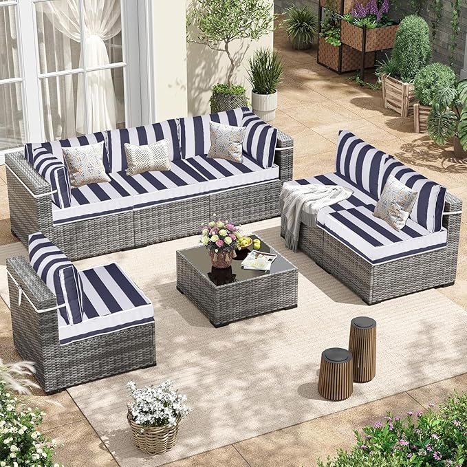 Patio Sectional Cushions, 14-Piece Replacement Cushions for Outdoor Furniture, Water-Resistant Outdoor Sofa Cushion for 6-Seat Rattan Wicker Sectional Conversation Sets (Navy Blue & White Stripes)