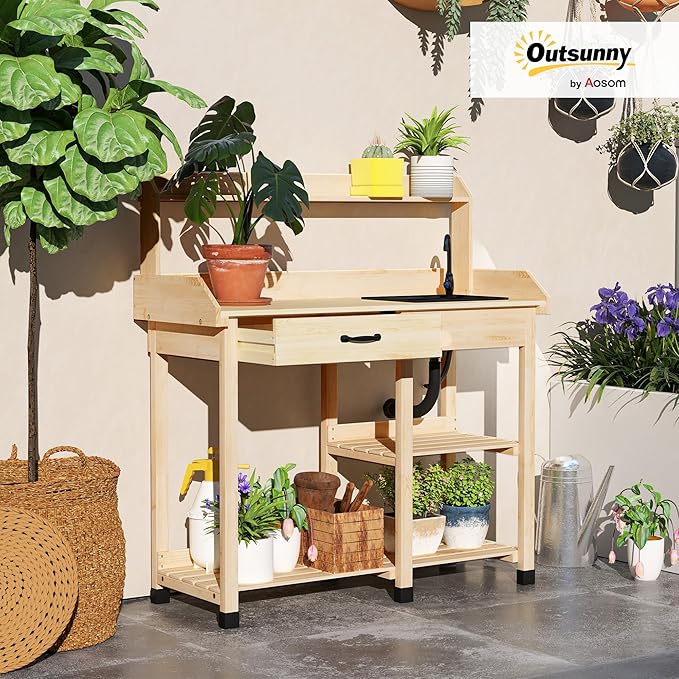 Outsunny Potting Bench Table, Outdoor Garden Table Wooden Work Station with Removable Sink, Faucet, Drawer, Shelves, Hooks, Natural Wood
