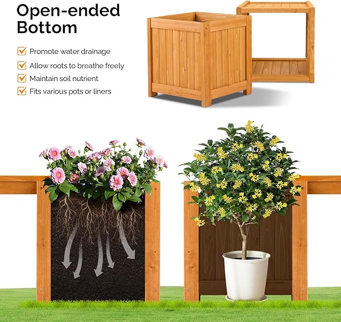 VINGLI Outdoor Wood Bench with Planter Boxes, 2-in-1 All-Weather Porch Bench Seat ＆ Open-Ended Wooden Raised Garden Bed, for Balcony Yard Patio (2 Boxes)