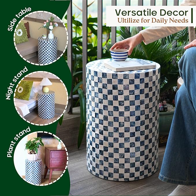 19.7” Checkered Capiz Shells Drum End Table, Decorative Cylinder Side Table & Garden Stool, Round Pedestal Accent Table for Living Room, Bedroom, Indoor & Outdoor (Navy Blue)