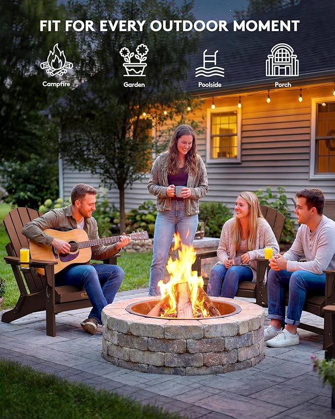 SERWALL Folding Adirondack Chair with Cup Holder for Outdoor, All-Weather Patio Chairs with Wood Texture, Fire Pit Chairs for Deck Porch Garden (Folding Coffee)