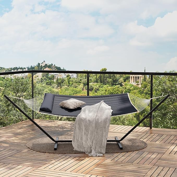 Double Hammock with Stand, 2 Person Portable Foldable Outdoor Hammock with Pad & Pillow, 450lb Capacity Heavy-Duty Hammock for Garden, Patio, Backyard, Dark Gray