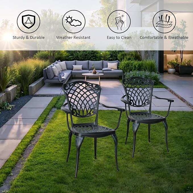 Outdoor Patio Chairs Set of 2, High Back Bistro Chairs Set of 2 with Armrests, Cast Aluminum Metal Patio Dining Chairs for Garden Deck Backyard, Vintage Green