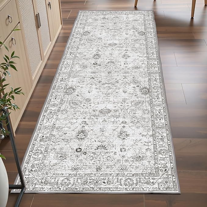 Grey Rug for Hallways Kitchen Rug 2x6, Non Slip Washable Rugs with Rubber Backing Soft Floral Carpet Runner for Hallways, Kitchen, Laundry, Bedroom, Bathroom (Grey, 2 x 6)