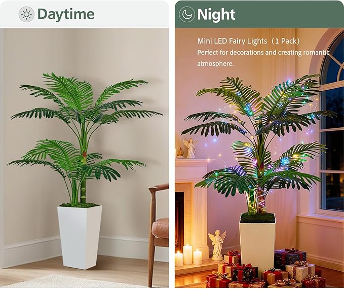 Artificial Palm Tree 5FT - Fake Tree with Tall Planter and Fairy Lights, Large Tropical Palm Faux Tree, Fake Plants for Indoor Outdoor Living Room Outside Patio Office Home Decor