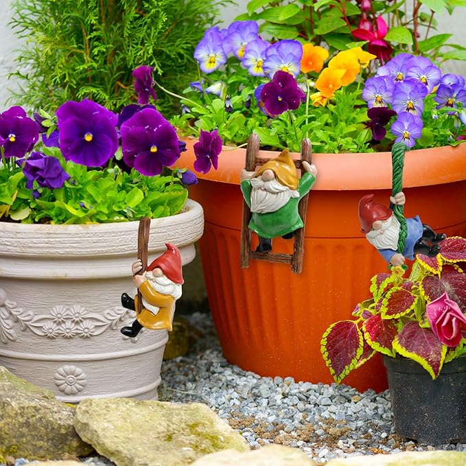 3PCS Cute Climbing Gnome Figurines Flower Pot Hugger, Resin Garden Gnomes Statue, Plant Decorations for Pots, Outdoor Decor Fence Ornaments for Patio Lawn Garden Yard (Multicolor)