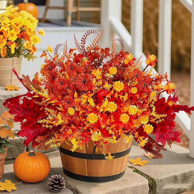 Fall Flowers Artificial for Thanksgiving Decoration, Artificial Mums for Outdoors, 26 Bundles Fake Fall Flowers Plants, Faux Mums for Outdoor Planters, Indoor Home Garden Porch Decor (Autumn Twilight)